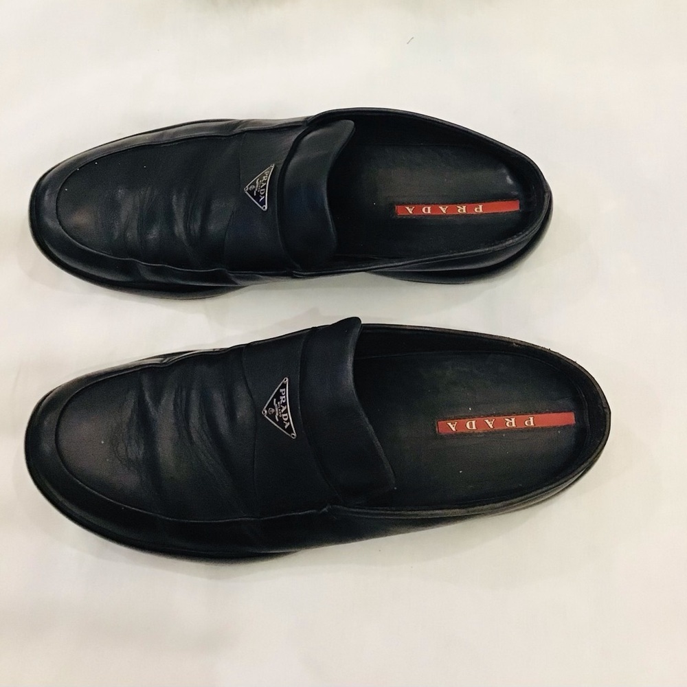 Prada Black Leather Slip-On Loafers with Triangle Logo